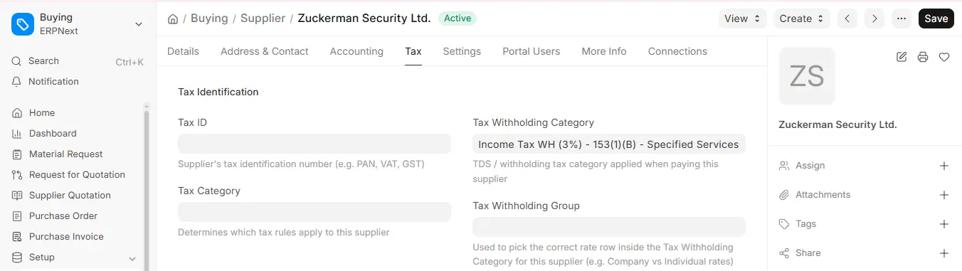 ERPNext Supplier Tax tab showing Tax Withholding Category assigned to Zuckerman Security Ltd