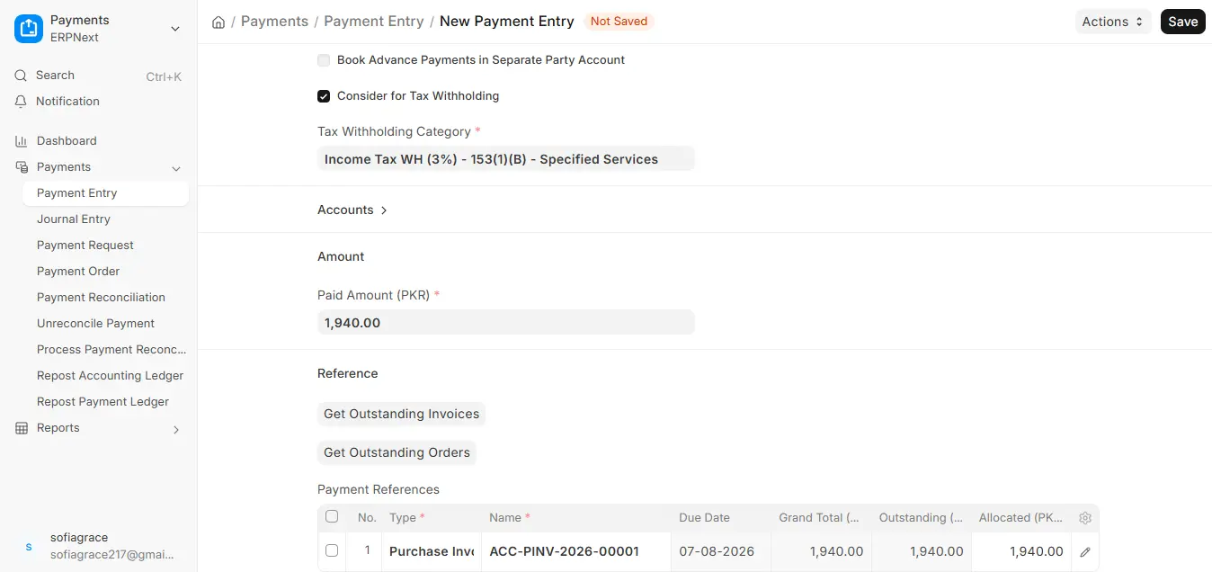 ERPNext Payment Entry showing Consider for Tax Withholding checkbox with linked Purchase Invoice reference