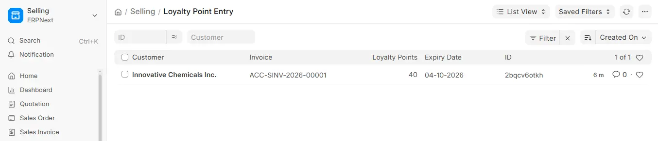 ERPNext Loyalty Point Entry list view showing customer, invoice, loyalty points and expiry date columns