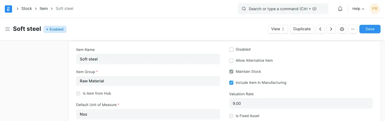 ERPNext Item master for Soft steel with Maintain Stock checkbox greyed out and locked after stock transactions