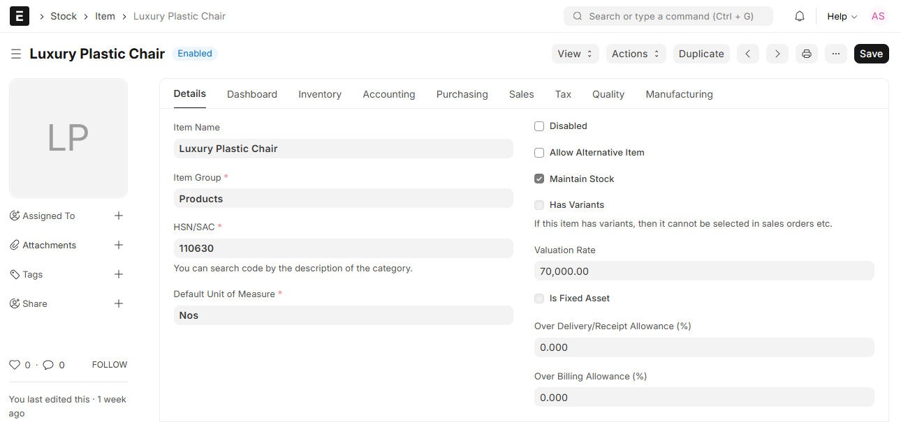 Maintain Stock field Frozen in the Item master