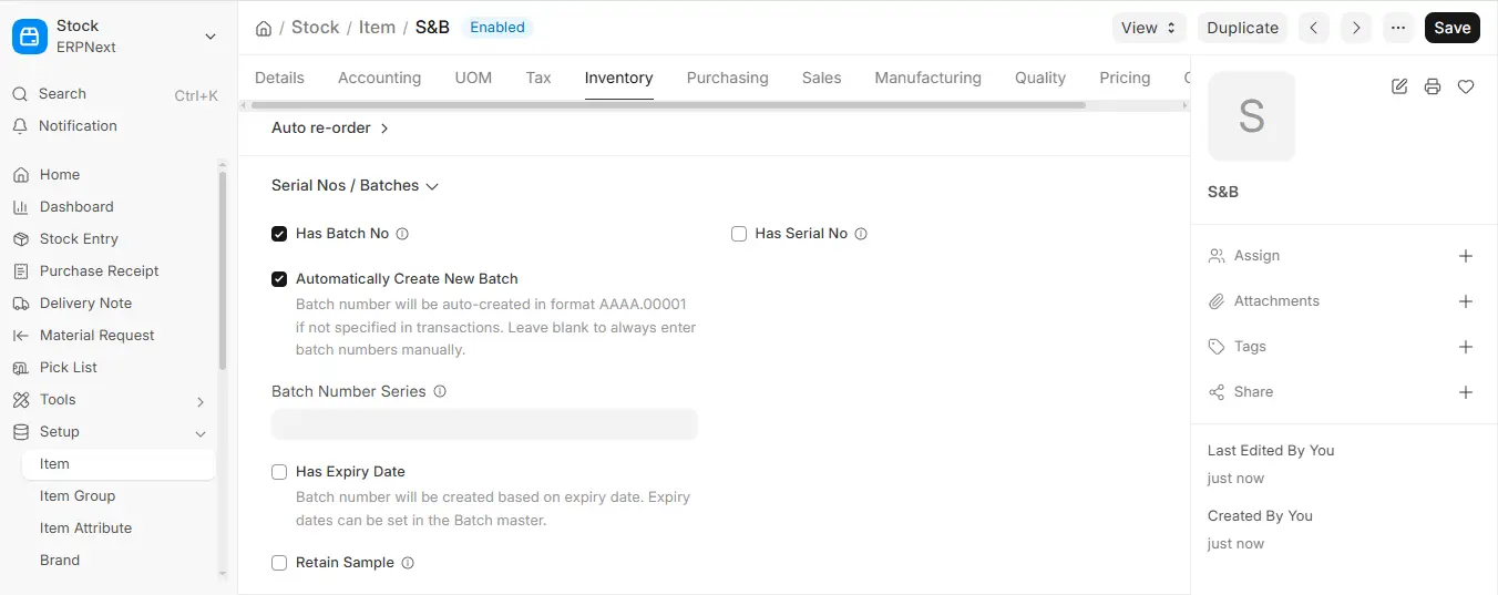ERPNext Item Inventory tab showing Has Batch No enabled with Automatically Create New Batch option