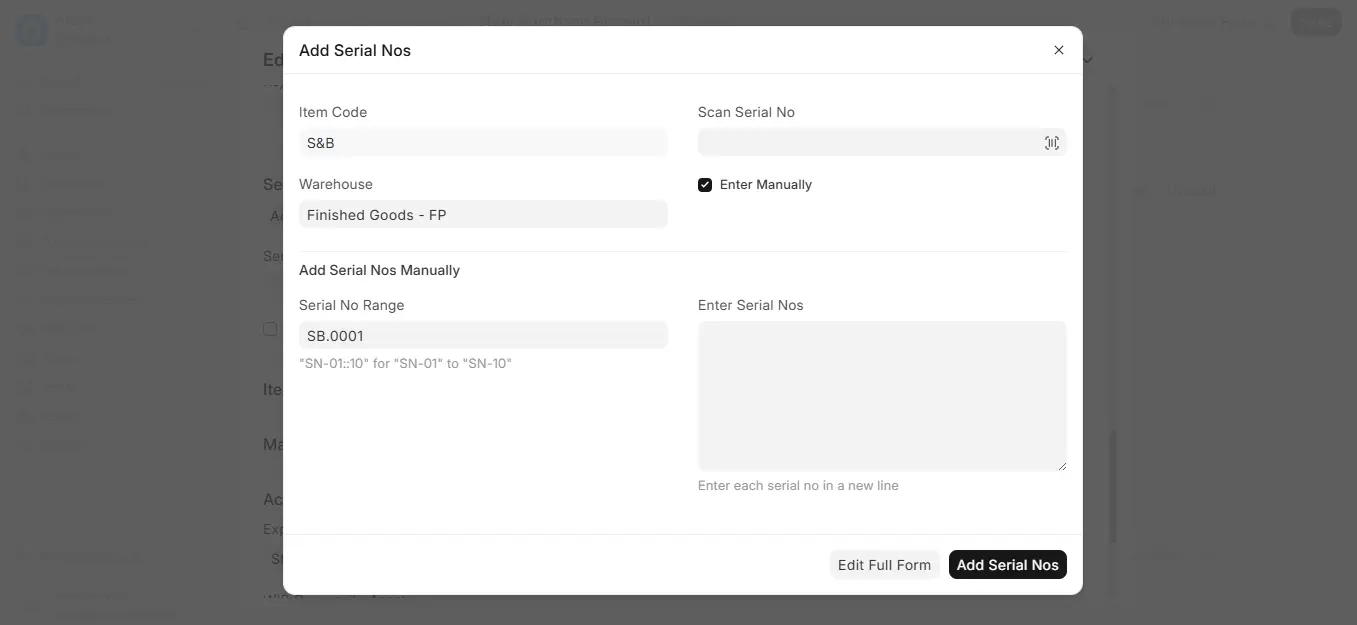 ERPNext Add Serial Nos popup with Serial No Range field for Purchase Receipt item