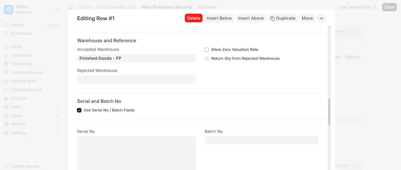 Use Serial No / Batch Fields option checked in ERPNext Purchase Receipt item row