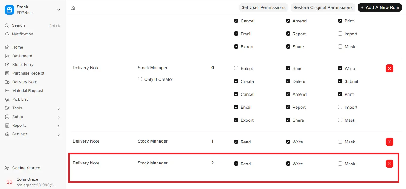 Permission Level 2 row highlighted for Stock Manager in ERPNext Role Permissions Manager