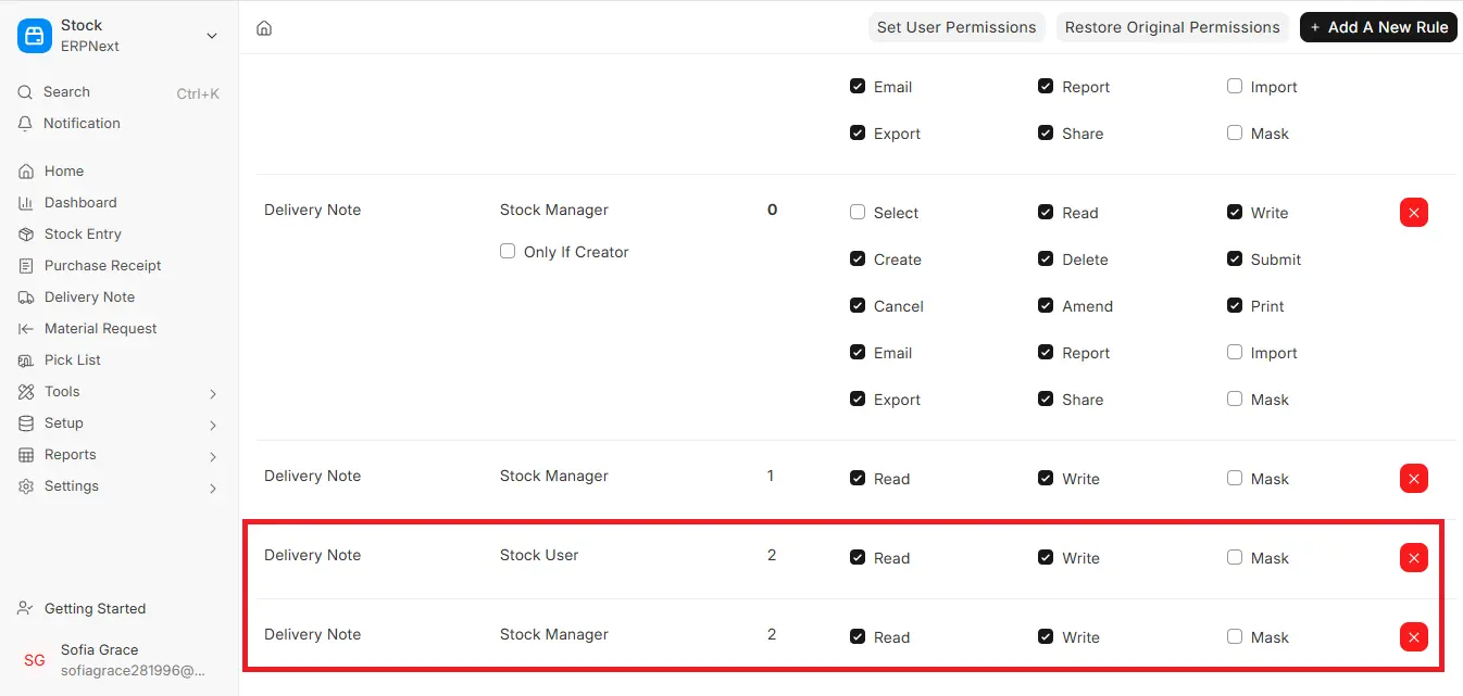 Permission Level 2 rules for Stock User and Stock Manager highlighted in ERPNext