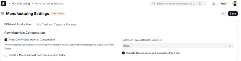 Manufacturing Settings