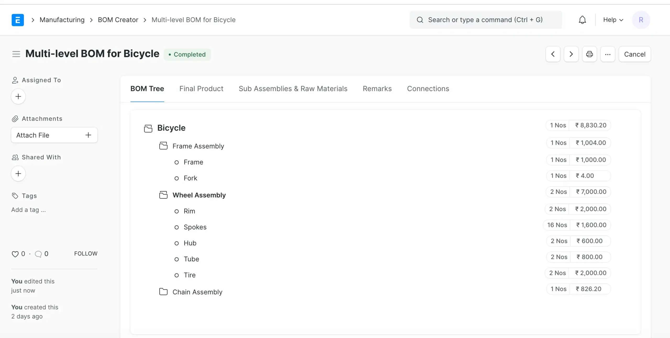 ERPNext BOM Creator showing multi-level BOM tree for bicycle with sub assemblies