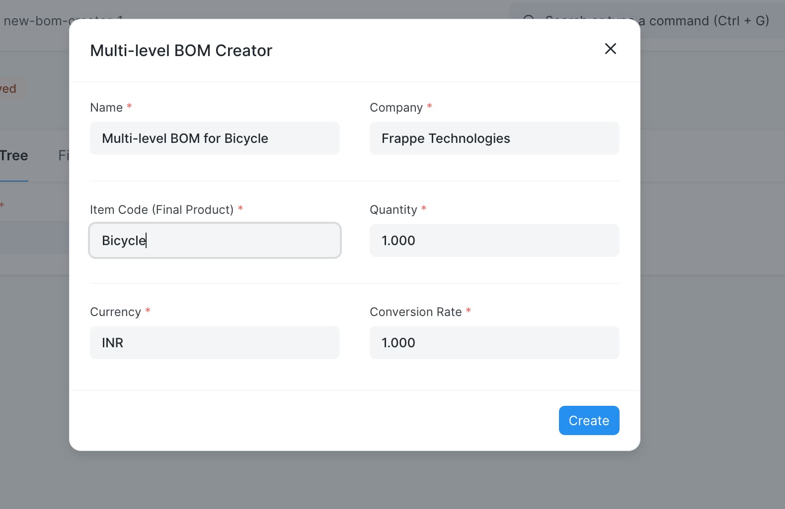 ERPNext Multi-level BOM Creator dialog with final product and company fields
