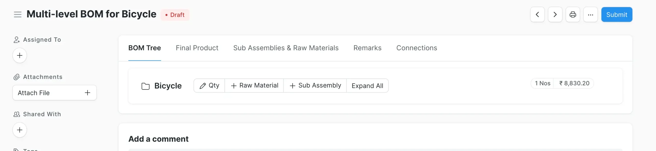 ERPNext Multi-level BOM Creator draft with add raw material and sub assembly buttons