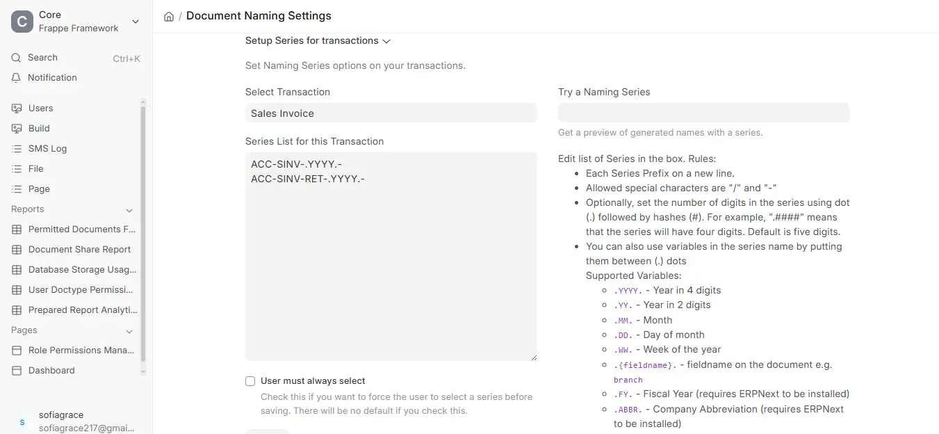 ERPNext Document Naming Settings showing the Sales Invoice series list