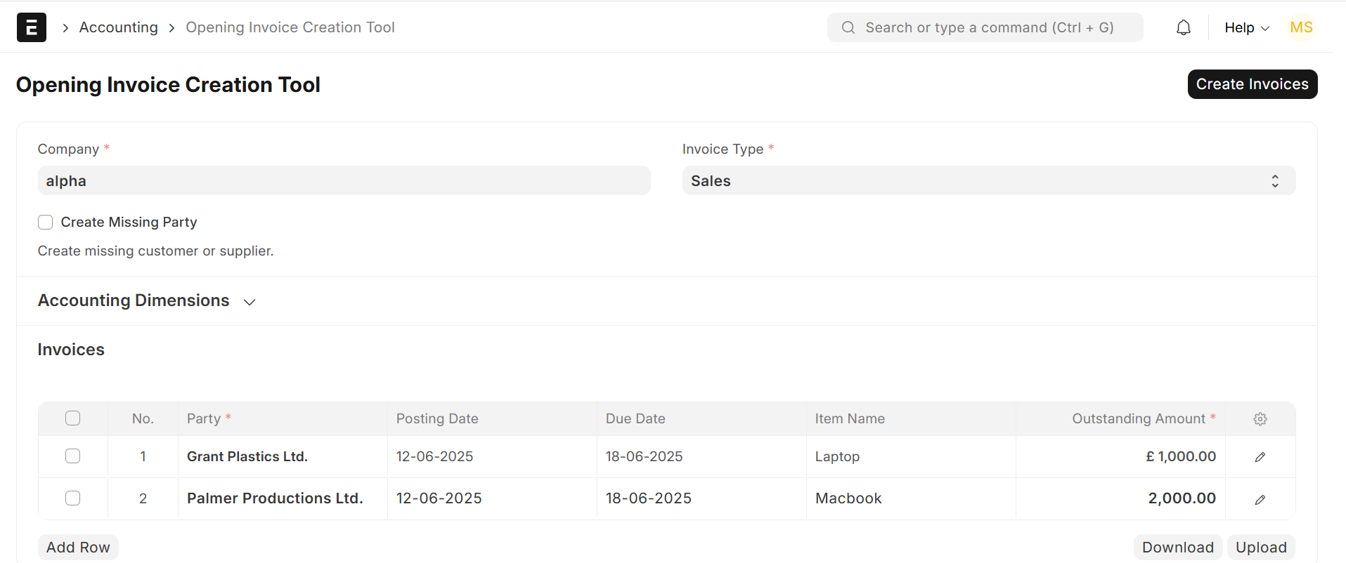 Opening Invoice Creation Tool