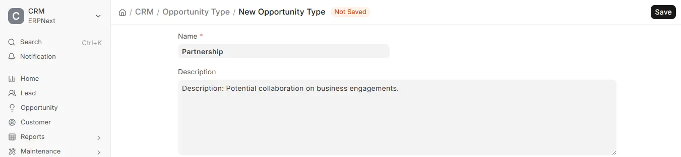 Creating a Partnership Opportunity Type in ERPNext CRM module