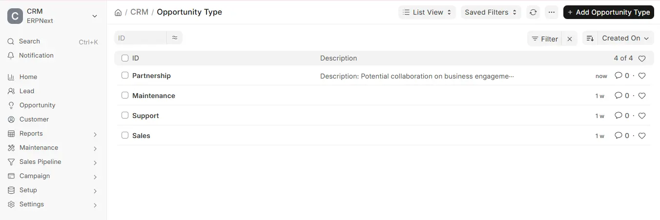 Opportunity Type list view in ERPNext CRM with four category records