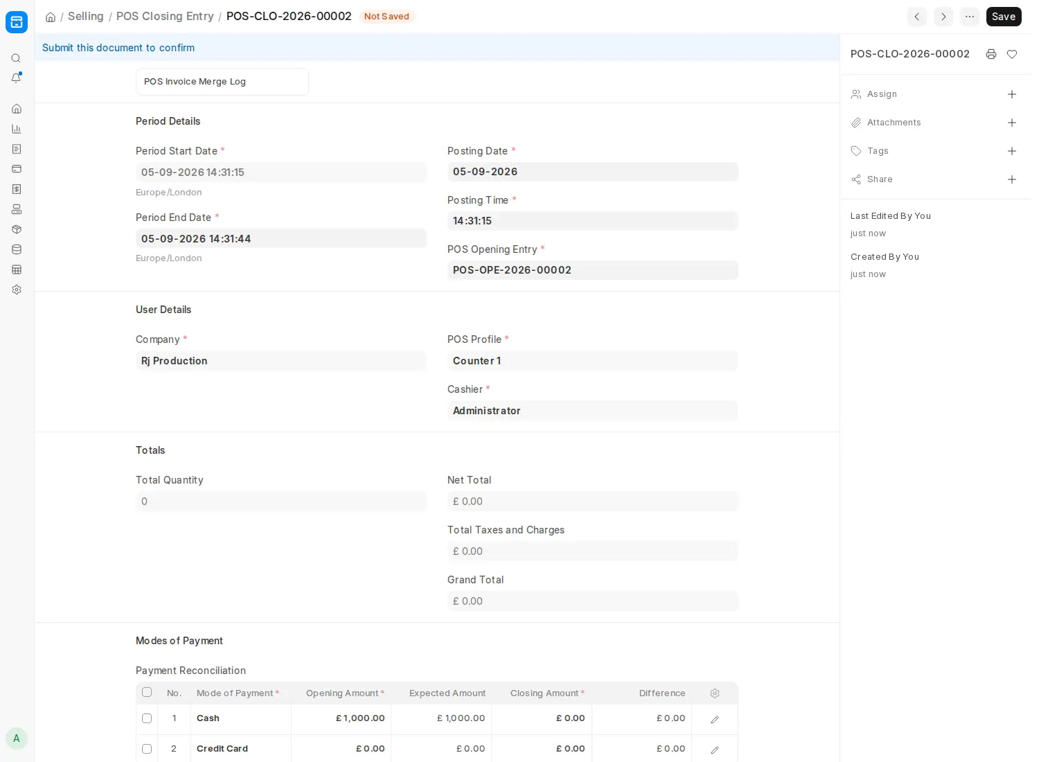 ERPNext POS Closing Entry showing payment reconciliation and totals