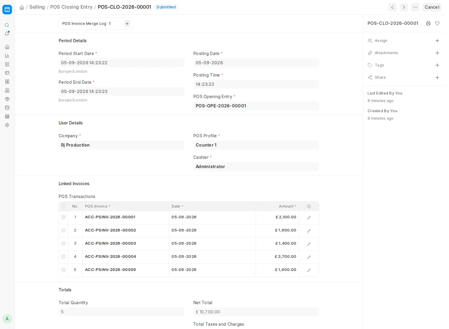ERPNext POS Closing Entry showing linked invoices and total sales