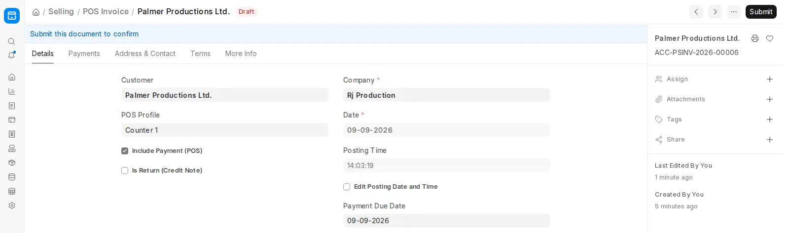 ERPNext POS Invoice draft showing customer and POS profile details