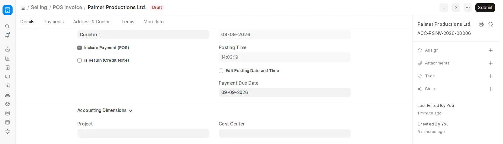 ERPNext POS Invoice Accounting Dimensions with project and cost center