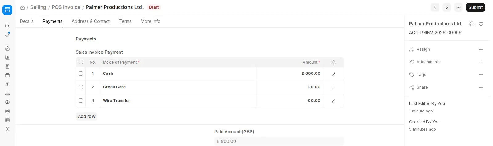ERPNext POS Invoice Payments tab showing cash payment method