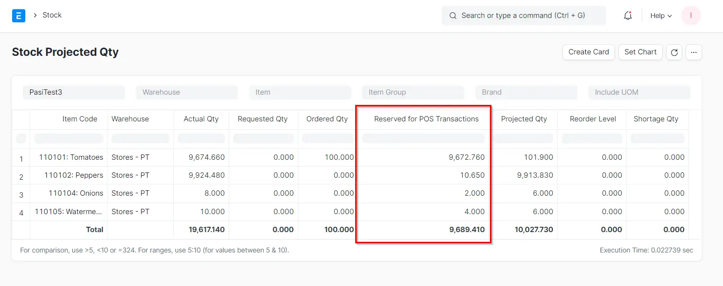 ERPNext Stock Projected Qty report with Reserved for POS Transactions column highlighted