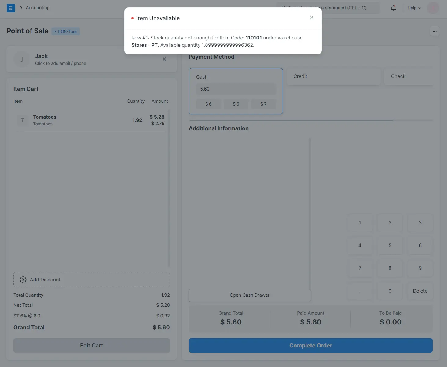 ERPNext POS checkout screen showing Item Unavailable error for insufficient stock quantity in warehouse