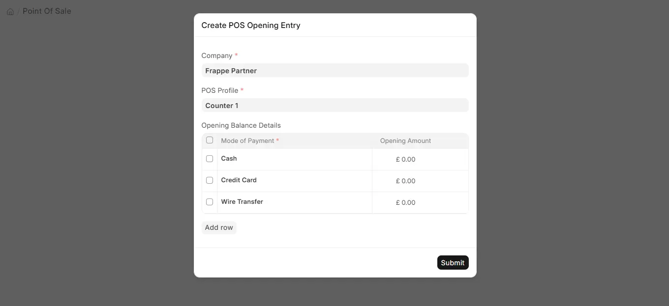 ERPNext Create POS Opening Entry popup with company, POS profile and opening balance by mode of payment