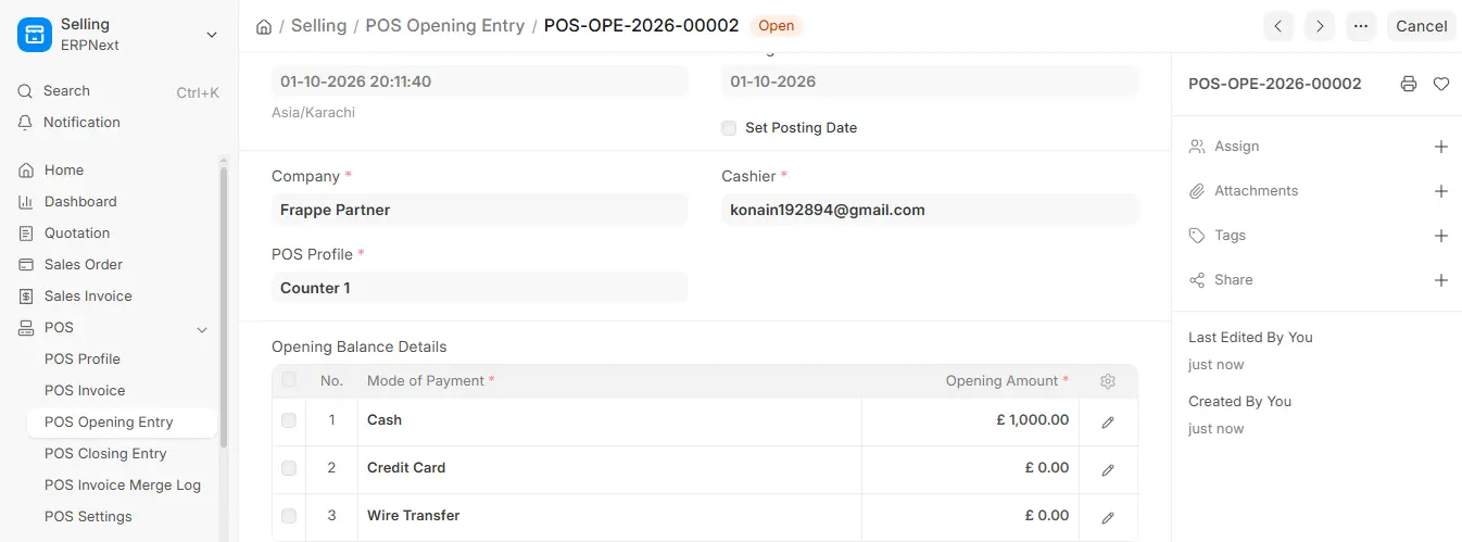 ERPNext POS Opening Entry with Open status showing company, cashier, POS profile and opening balance details