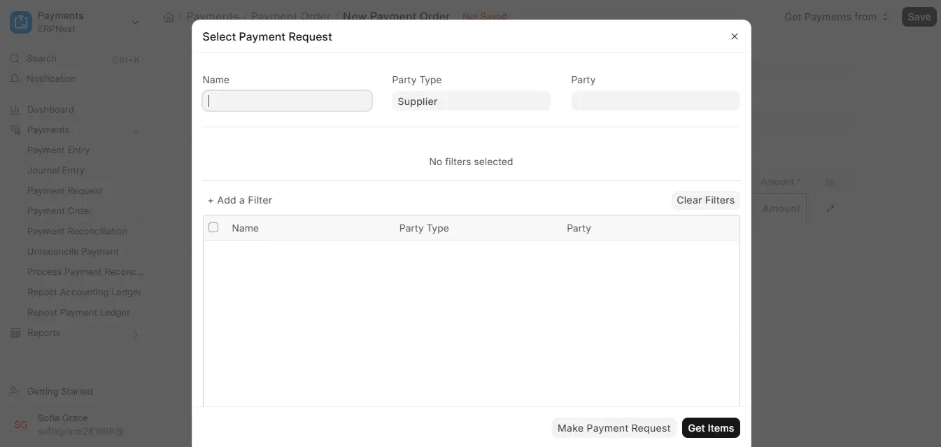 Select Payment Request dialog in ERPNext Payment Order with party type, party and filters to get payment request items