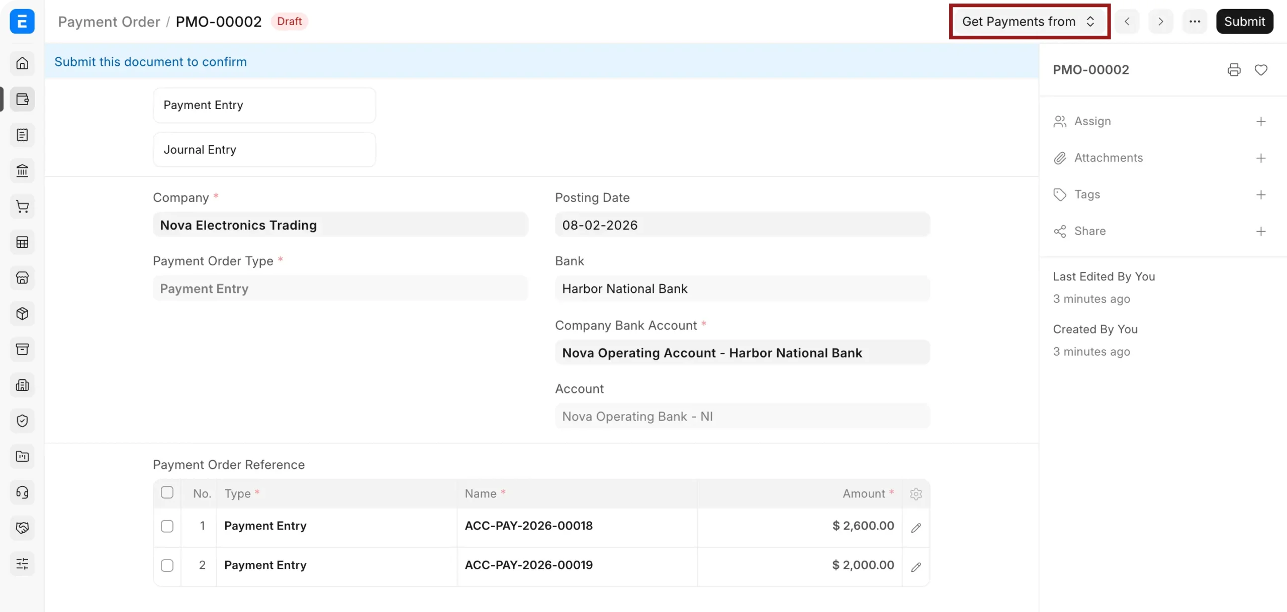Draft Payment Order in ERPNext with company bank account and payment entry references, with Get Payments from button highlighted
