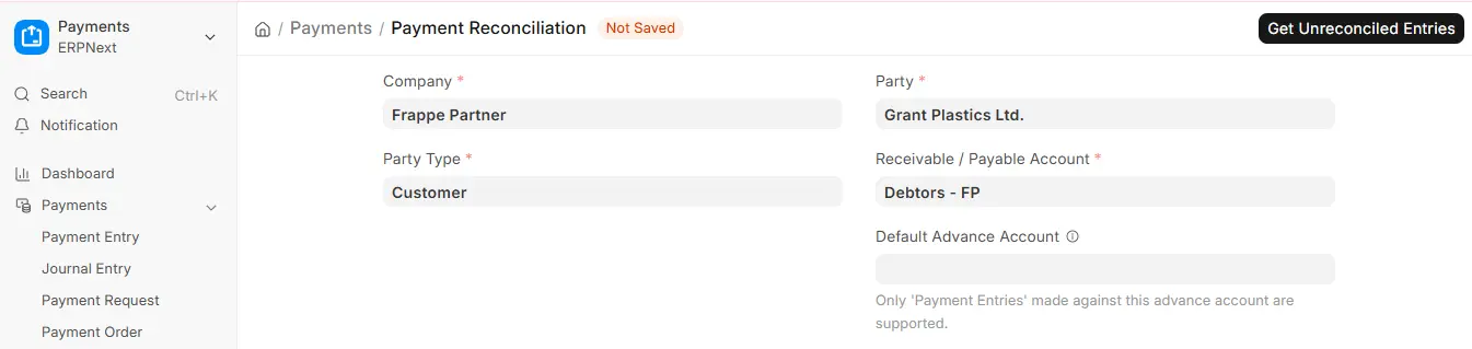 Payment Reconciliation setup screen in ERPNext showing Customer party type and Debtors account
