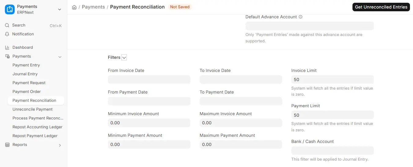 Payment Reconciliation filter fields in ERPNext including Invoice Limit and Payment Limit settings
