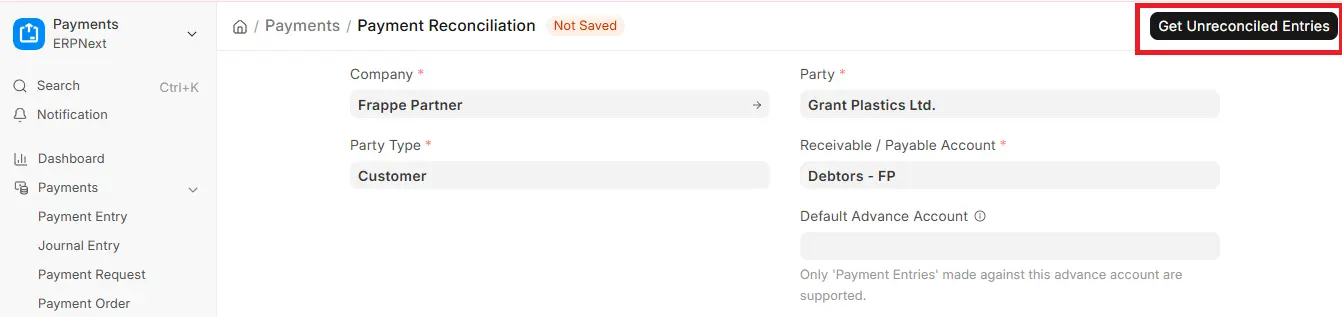 Payment Reconciliation screen in ERPNext showing highlighted Get Unreconciled Entries button