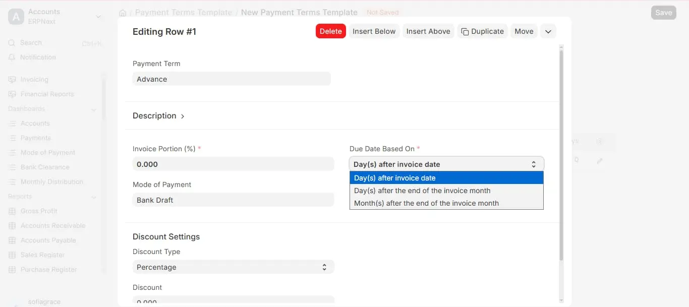 ERPNext Payment Terms Template row with Due Date Based On options