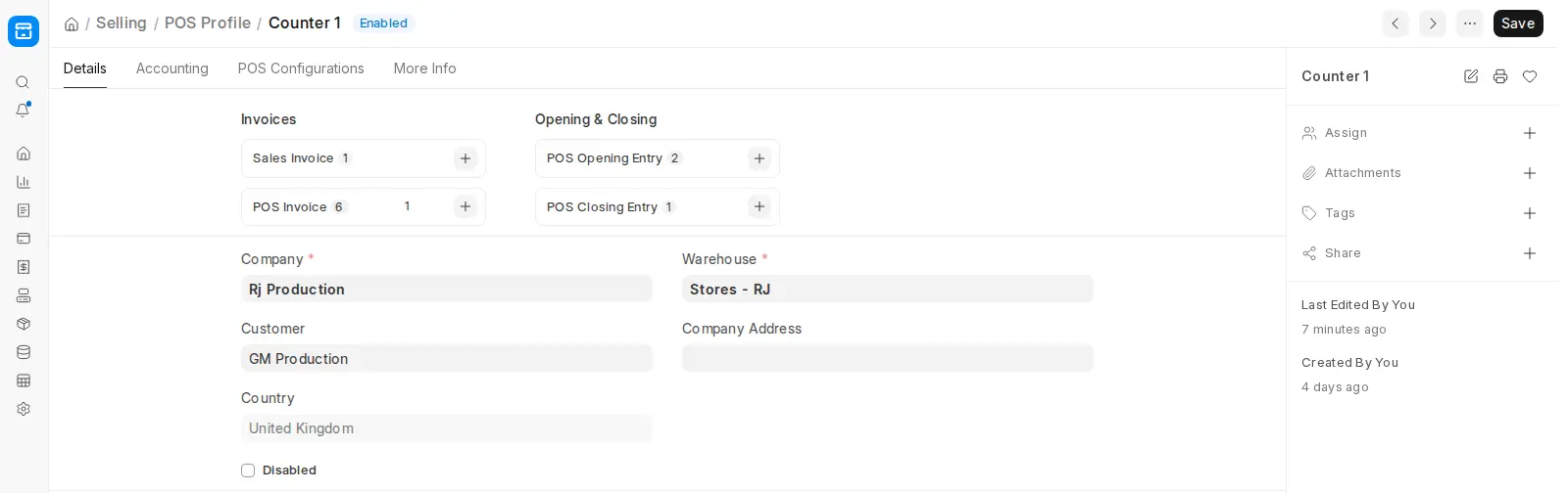 ERPNext POS Profile Counter 1 showing invoices and opening closing entries