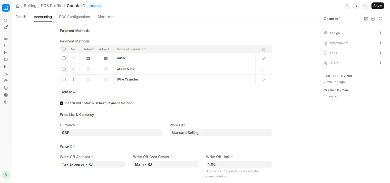 ERPNext POS Profile Accounting tab showing payment methods