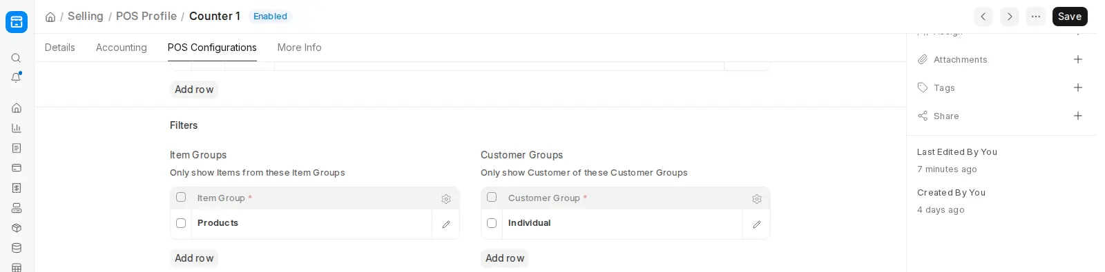 ERPNext POS Configurations filters showing item and customer groups