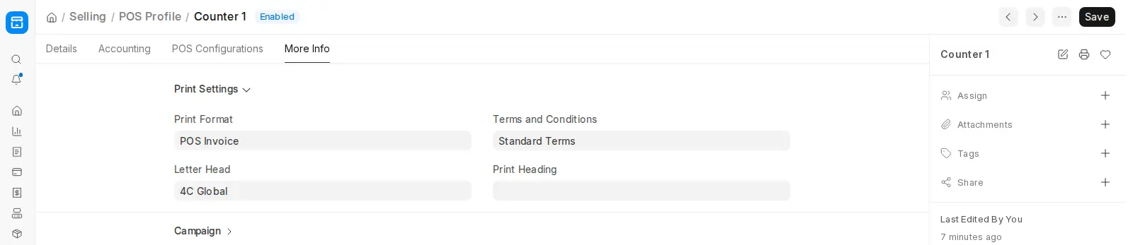 ERPNext POS Profile More Info tab showing print settings