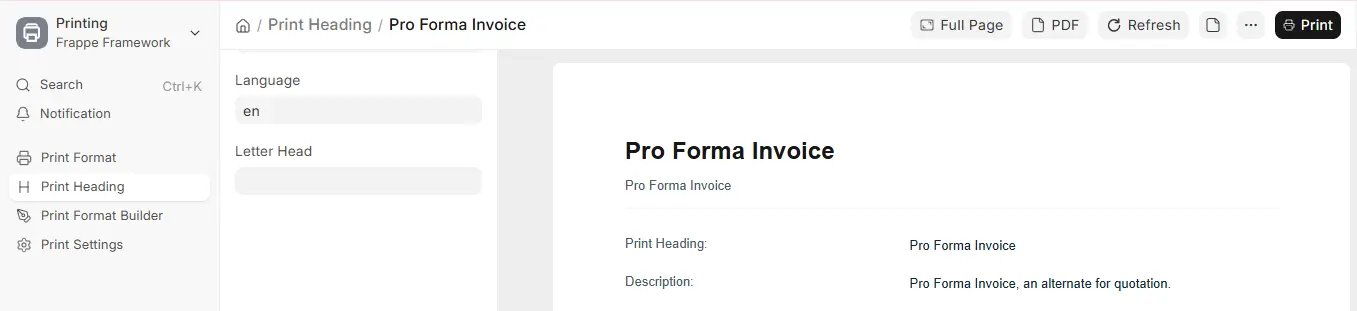 Print preview of Pro Forma Invoice Print Heading record in ERPNext