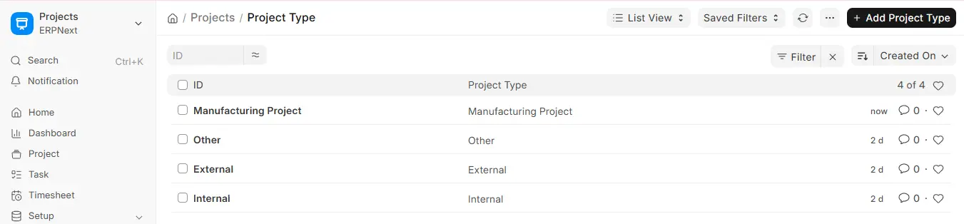 ERPNext Project Type list showing manufacturing external and internal categories