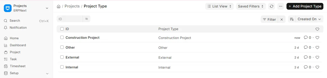 ERPNext Project Type setup with construction as project category