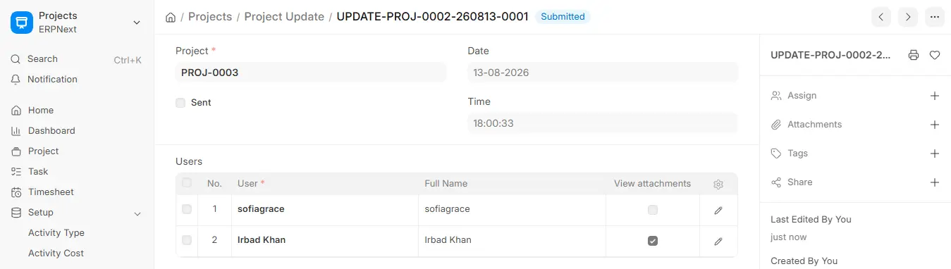 Project Update form in ERPNext linked to PROJ-0003 with two users listed