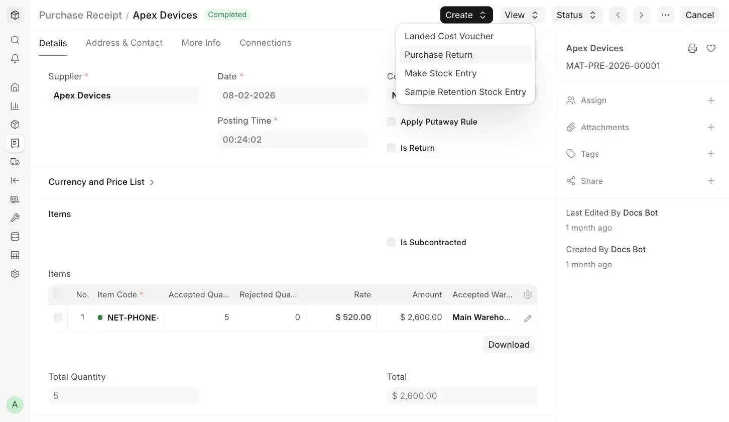 Purchase Return option highlighted in ERPNext Purchase Receipt Create menu