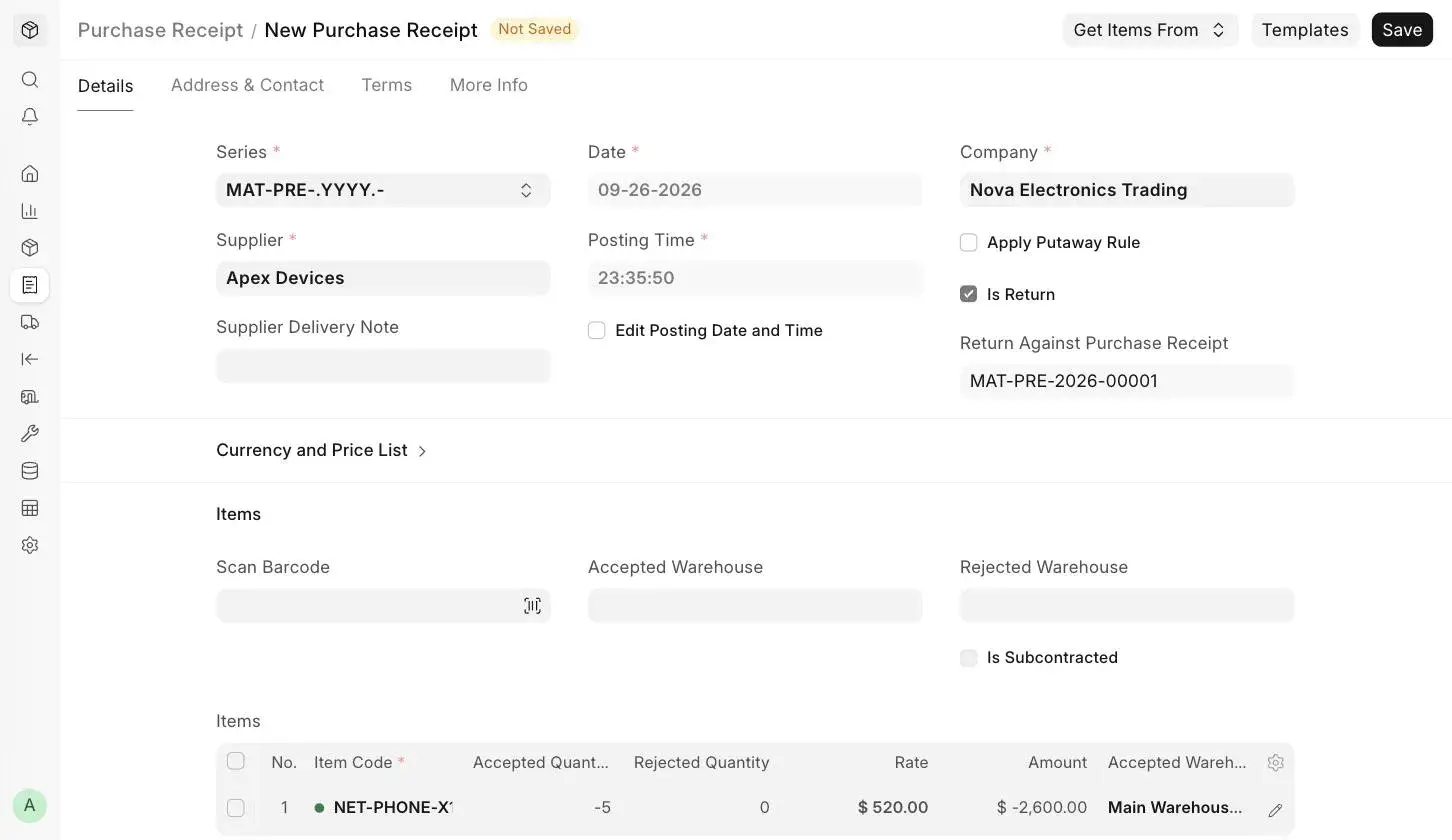 ERPNext new Purchase Receipt with Is Return checked showing negative quantity for return