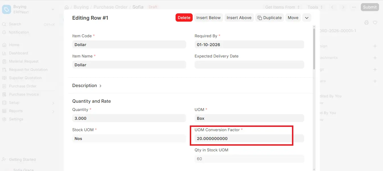 UOM Conversion Factor of 20 highlighted in ERPNext Purchase Order for item Dollar
