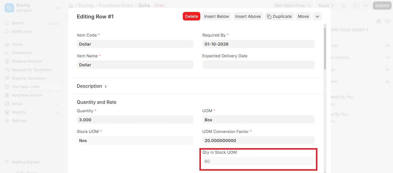Qty in Stock UOM field highlighted showing 60 in ERPNext Purchase Order