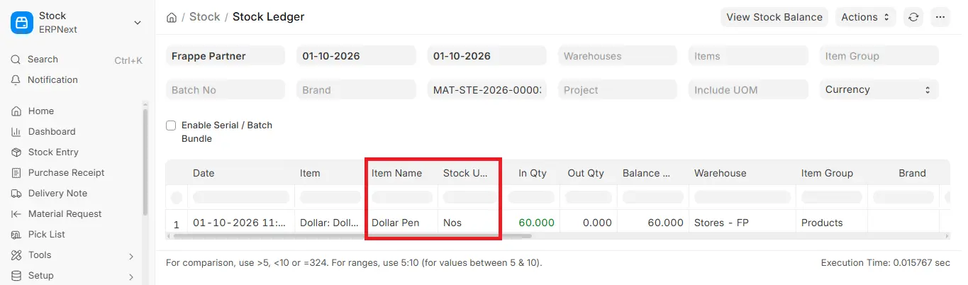 ERPNext Stock Ledger showing In Qty of 60 Nos after purchasing in Box UOM