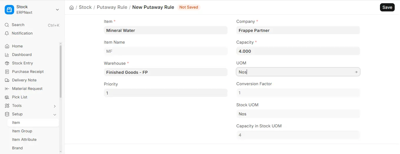 ERPNext New Putaway Rule form showing item, warehouse and capacity settings for Mineral Water