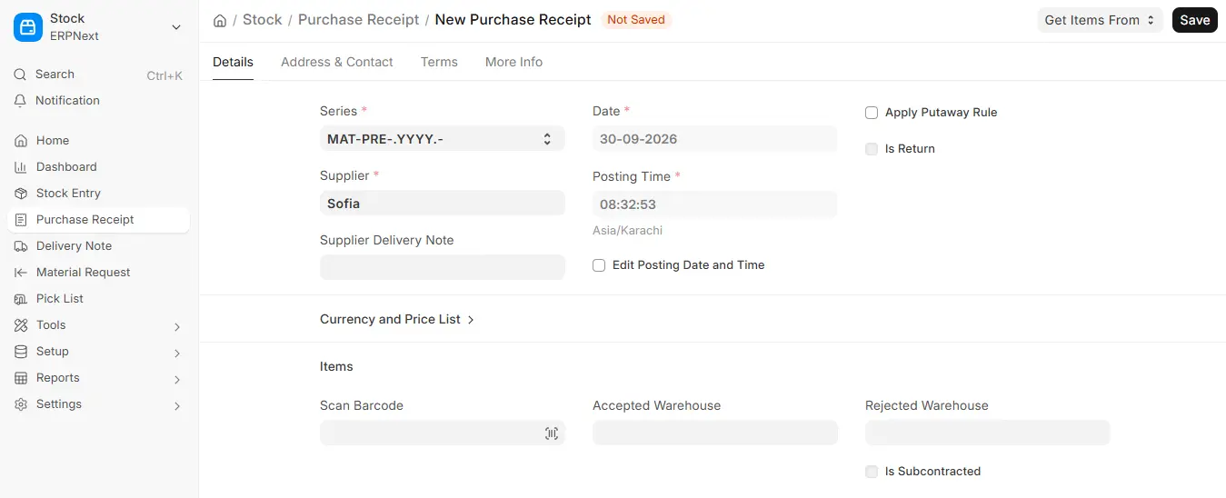 ERPNext New Purchase Receipt form with Apply Putaway Rule checkbox option