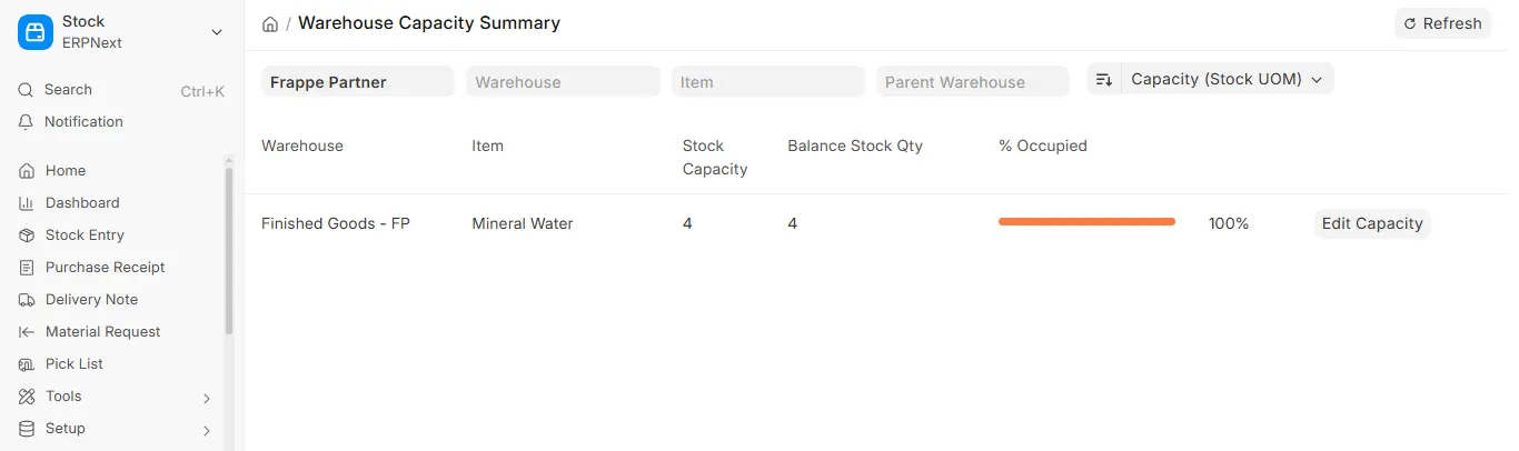 Warehouse Capacity Summary report in ERPNext with Finished Goods warehouse fully occupied