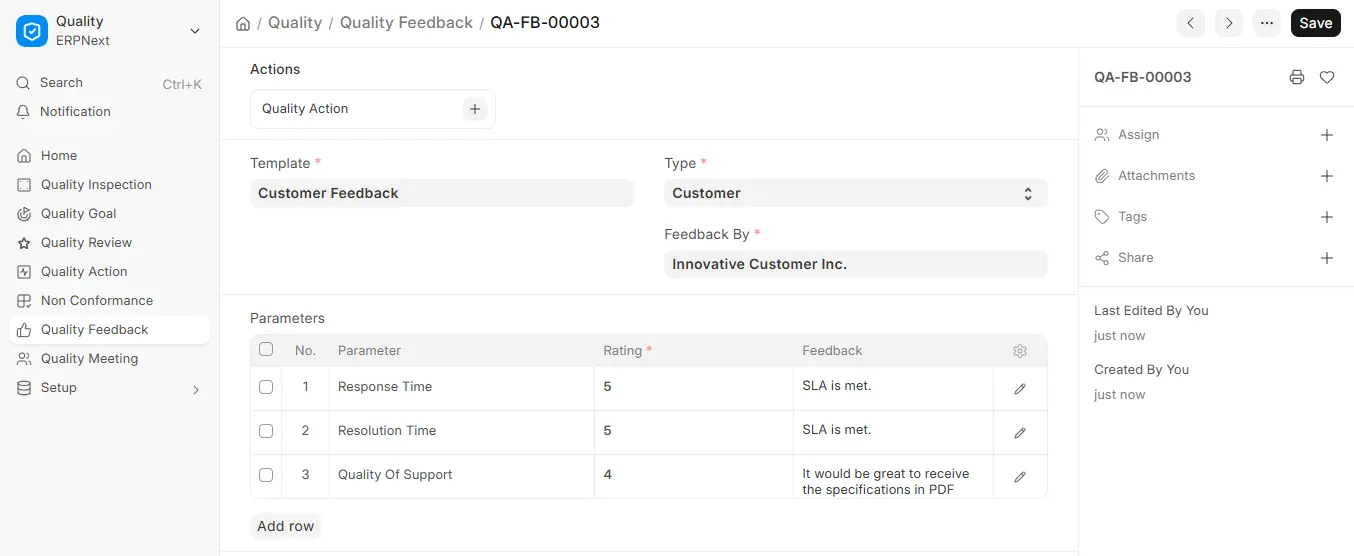 Customer Quality Feedback record in ERPNext with parameter ratings and feedback comments